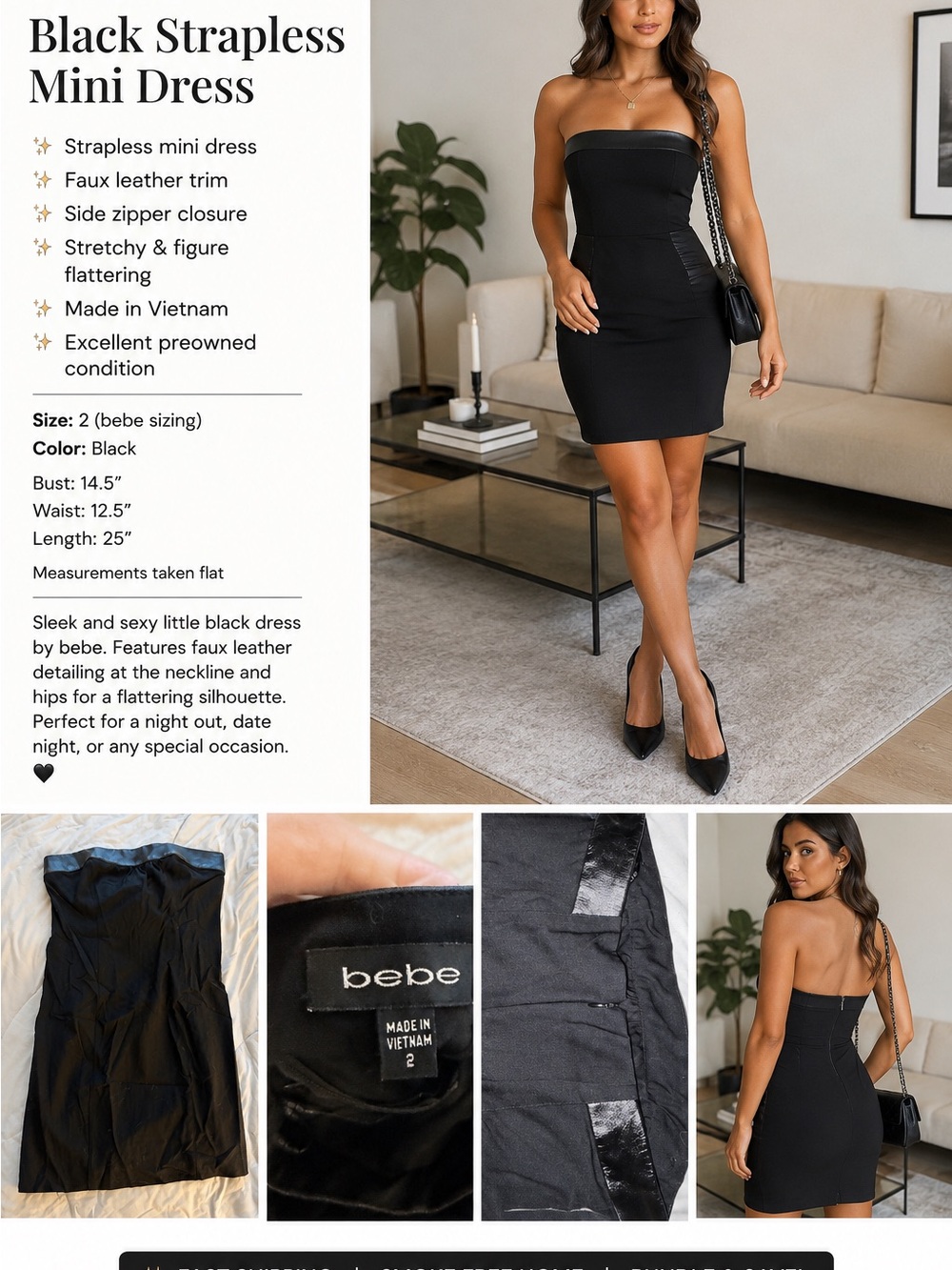 bebe Black Strapless Faux-Leather Trim Mini Dress